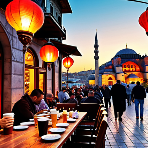 Home 11 **A vibrant and bustling Istanbul street scene at sunset, featuring the Hagia Sophia in the background. People are enjoying Turkish coffee at outdoor cafes, and colorful lanterns illuminate the scene. Capture the warm and inviting atmosphere of Turkish culture.**