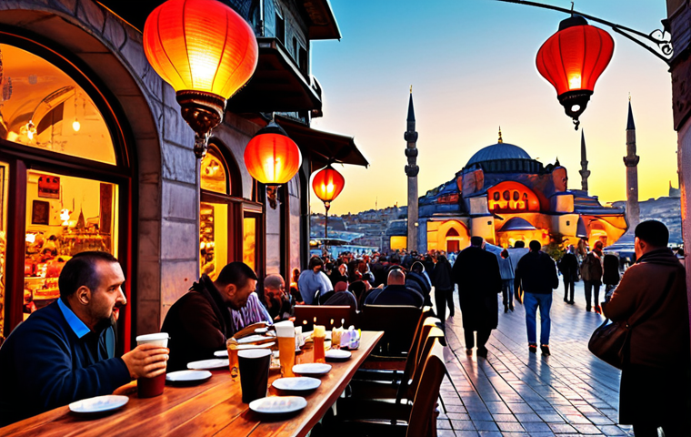 **A vibrant and bustling Istanbul street scene at sunset, featuring the Hagia Sophia in the background. People are enjoying Turkish coffee at outdoor cafes, and colorful lanterns illuminate the scene. Capture the warm and inviting atmosphere of Turkish culture.**