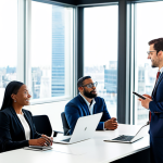 A diverse team of professionals, including men and women, collaboratively brainstorming in a modern, brightly lit open-plan office. They are gathered around a conference table, actively engaging with laptops and digital tablets. Each individual is dressed in smart, professional business attire, reflecting a collaborative and productive work environment. The background features contemporary office furniture and large windows with blurred city views. fully clothed, modest clothing, appropriate attire, professional dress, safe for work, appropriate content, professional, perfect anatomy, correct proportions, natural pose, well-formed hands, proper finger count, natural body proportions, high quality, professional photography.