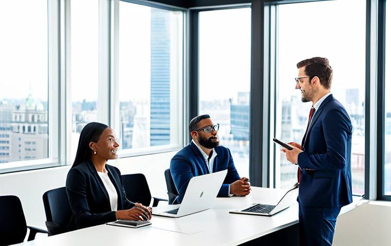 A diverse team of professionals, including men and women, collaboratively brainstorming in a modern, brightly lit open-plan office. They are gathered around a conference table, actively engaging with laptops and digital tablets. Each individual is dressed in smart, professional business attire, reflecting a collaborative and productive work environment. The background features contemporary office furniture and large windows with blurred city views. fully clothed, modest clothing, appropriate attire, professional dress, safe for work, appropriate content, professional, perfect anatomy, correct proportions, natural pose, well-formed hands, proper finger count, natural body proportions, high quality, professional photography.